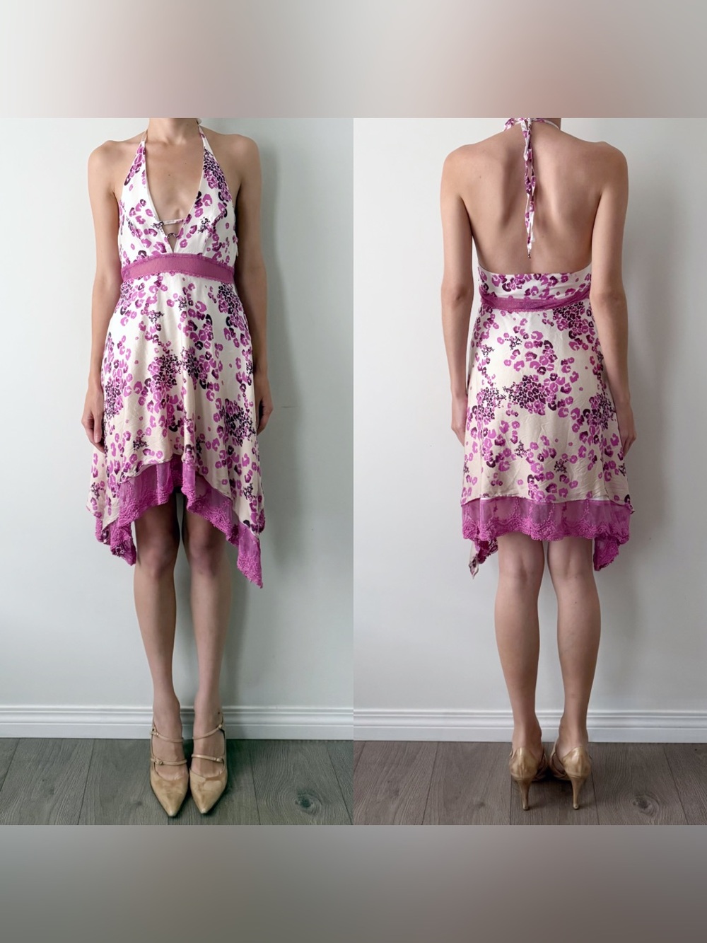 Fairy Bebe 100% silk floral lace trim halter dress